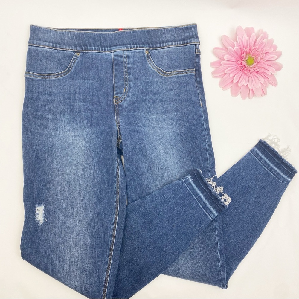 SPANX Distressed Ankle High Rise Skinny Jeans: Medium Wash - Picture 6 of 14